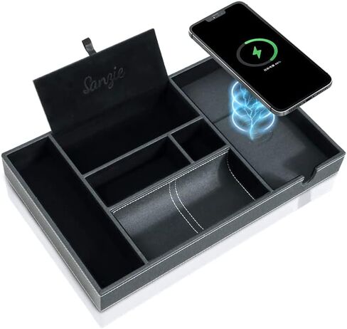 SANZIE Leather Tray with Wireless Charger - Nightstand Organizer for Phone, Wallet, Keys, Sunglasses, Watches, Jewelry, and More (Black, Large) in Saudi Arabia