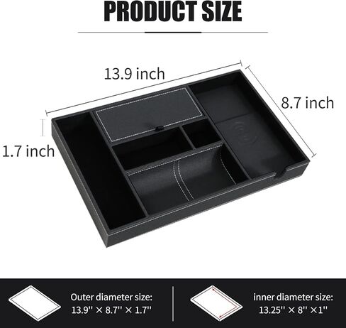SANZIE Leather Tray with Wireless Charger - Nightstand Organizer for Phone, Wallet, Keys, Sunglasses, Watches, Jewelry, and More (Black, Large) in Saudi Arabia