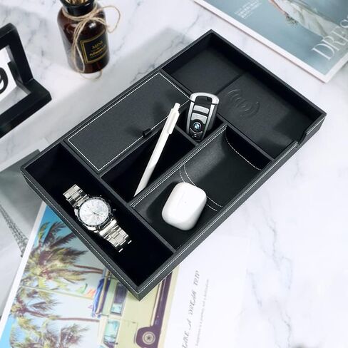 SANZIE Leather Tray with Wireless Charger - Nightstand Organizer for Phone, Wallet, Keys, Sunglasses, Watches, Jewelry, and More (Black, Large) in Saudi Arabia