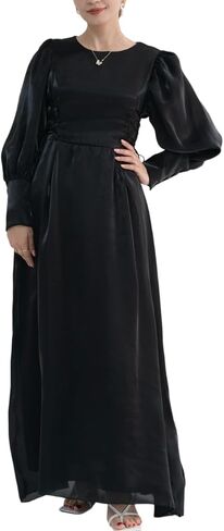 Hanimeli Women's Organza Abaya Evening Gown with Corset Detail Long Puff Sleeves Maxi Dress Special Occasions Wedding Prom in Kuwait