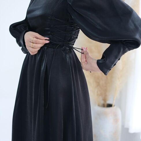 Hanimeli Women's Organza Abaya Evening Gown with Corset Detail Long Puff Sleeves Maxi Dress Special Occasions Wedding Prom in Kuwait