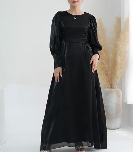 Hanimeli Women's Organza Abaya Evening Gown with Corset Detail Long Puff Sleeves Maxi Dress Special Occasions Wedding Prom in Kuwait