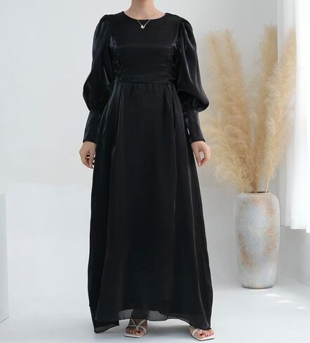 Hanimeli Women's Organza Abaya Evening Gown with Corset Detail Long Puff Sleeves Maxi Dress Special Occasions Wedding Prom in Kuwait