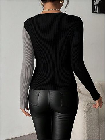 Soly Hux Color Color Block Deep V Dece Beck Sweater Long Sleeve Tirt Tops Pullovers Tops in Kuwait