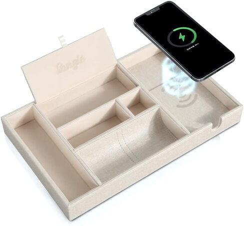 SANZIE Leather Tray with Wireless Charger - Nightstand Organizer for Phone, Wallet, Keys, Sunglasses, Watches, Jewelry, and More (Black, Large) in Saudi Arabia