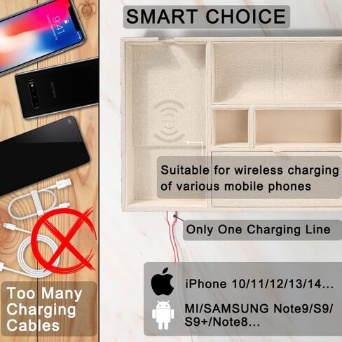 SANZIE Leather Tray with Wireless Charger - Nightstand Organizer for Phone, Wallet, Keys, Sunglasses, Watches, Jewelry, and More (Black, Large) in Saudi Arabia