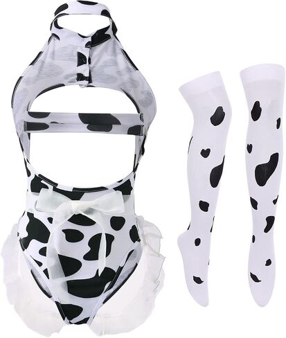 Sexy Cow Milk Leopard Cosplay Costume Kawaii Outfit Anime Lolita Mini Bikini Bra Lingerie Set for Women Teddy Japanese Halter Bodysuit Underwear Babydoll Nightwear 4pcs-Black Cow Maid Set in Saudi Arabia