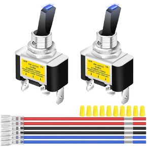 2Pcs Illuminated Toggle Switch DC 12V 30A SPST 3Pin ON Off Blue LED Switch with Locked Terminal Wires and Wiring Caps for Auto Car Boat Motorhomes LED Lights Fog Lights Underglow Lights