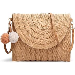 حقيبة Crossbody المنسوجة المصنوعة يدويًا للنساء - محفظة قابض الشاطئ الصيفية مع حزام الكتف وتصميم المغلف