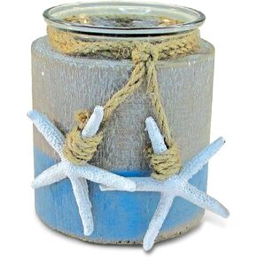 COTA Global Ocean Breeze Wooden Pillar Candle Holder - Tabletop Coastal Decor with Hanging White Starfish, Ocean-Themed Blue Candle Holder Centerpieces - Handmade, Color May Vary