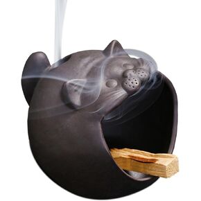 Ceramic Cat Incense Holder for Sage and Palo Santo, Brown Clay Design (Black)