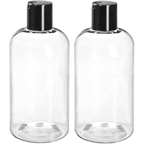 ljdeals 8 oz Clear Plastic Empty Bottles with Black Disc Top Caps, Squeezable Refillable Containers for Shampoo, Lotions, Cream and More, Pack of 2, BPA Free, Made in USA