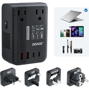 DOACE 220V to 110V Converter 350W Voltage Converter US to Europe for Hair Straightener/Curling Iron Converter for European Travel with 4-Port USB Charging and UK/AU/US/EU Worldwide Plug Adapter