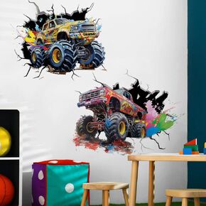 Runtoo Large Monster Truck Wall Decals for Boys Room Watercolor 3D Racing Car Wall Sticker Kids Bedroom Playroom Decor