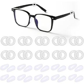 Soft Silicone Glasses Nose Pads & Ear Grips Set - 20 Pairs (10+10) Anti-Slip Nose Pads + Comfort Ear Rings for Adults/Kids, Sports/Sunglasses/Reading Glasses (Clear/White)