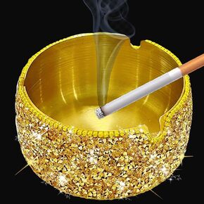 Sparkling Gold Ashtray Bling Diamond Rhinestone Decor for Home Stainless Steel Ashtray for Home and Party Decor