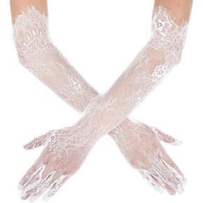 Lace Gloves Women Elegant Floral Mesh Tulle Sheer Long Tea Party 1920s Elbow Length Bridal Wedding Gloves For Wedding Engagement Cocktail Cosplay Masquerade (White)