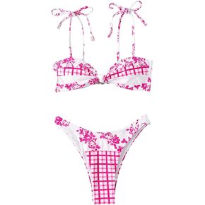 OYOANGLE Women's Floral Plaid Bikini Sets Tie Shoulder Twist Front High Cut Low Rise 2 Piece Swimsuit