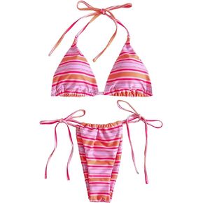 GORGLITTER Women's Sexy Thong Bikini Sets Y2k Striped Halter Triangle Swimsuit Cheeky Bathing Suit