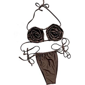 MakeMeChic Women's Bikini Sets 3D Floral Halter Cut Out Tie Back Beach Bathing Suit