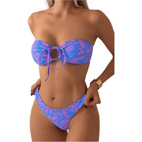SHENHE Women's Two Piece Y2k Swim Bikini Set Plant Printed Strapless Swimsuit Bathingsuit