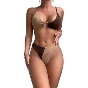 Women's Bright Color Block Two-Piece Swimsuit, Sexy O-Ring Bikini Set