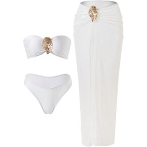 Women's 3 Pieces Bikini Set Tube Tops and Bottoms with Skirts Cover Ups