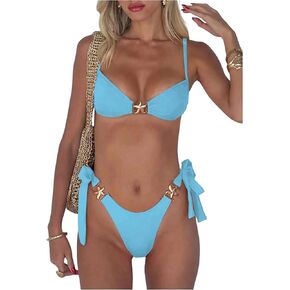 SOLY HUX Women's Bathing Suit Ring Linked High Cut String Bikini Set Tie Side Thong Two Piece Swimsuit