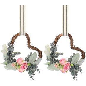 Mini Heart Wreaths for Kitchen Cabinets - 2 Pcs 6 Inch Grapevine Wreath with Rose and Eucalyptus for Front Door, Rustic Cabinet Heart Decor for Farmhouse Valentines Spring Summer Indoor Outdoor
