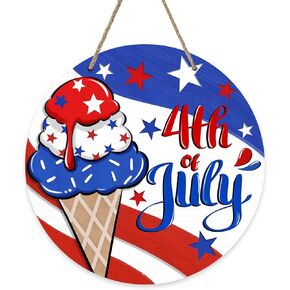 Deroro 4th of July Ice Cream Patriotic Sign for Front Door Decor, Summer America Stars Stripes Wood Door Hanger for Outdoor Outside Porch, American USA Wooden Wreath Indoor Wall Hanging Decoration