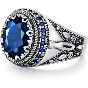 Sapphire Ring for Men S925 Sterling Silver Blue Sapphire Rings Men Vintage Pattern Sapphire Mens Sapphire Silver Ring Ottoman Style Ring Handmade for Men’s Ring Jewelry Gift Size 4-16(Parent)