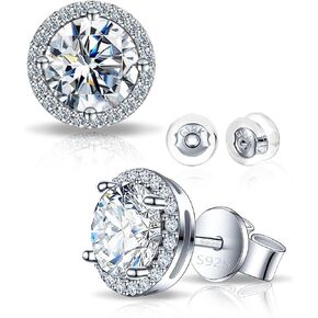 Moissanite Halo Earrings for Women & Men, 1.0-2.0ct, 925 Sterling Silver, 18K White Gold Plated, VVS1 Round Lab-Created Moissanite Stud, Hypoallergenic & Durable, Friction Back Post Earring