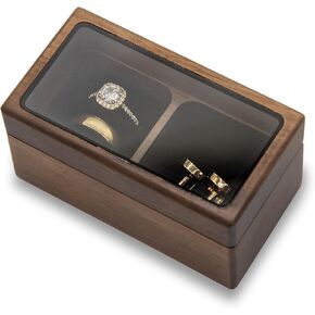 MUUJEE Wooden Dual Compartment Jewelry Ring Box - 3.75 x 2 x 2 Rustic for Jewelry Box Storage, Wedding Rings, Ceremony Ring bearer