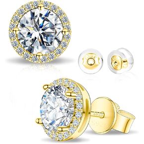 Moissanite Halo Earrings for Women & Men, 1.0-2.0ct, 925 Sterling Silver, 18K White Gold Plated, VVS1 Round Lab-Created Moissanite Stud, Hypoallergenic & Durable, Friction Back Post Earring in Kuwait