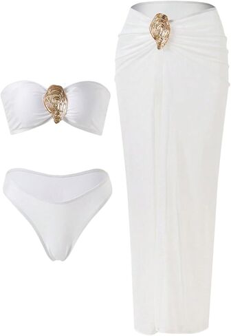 Women's 3 Pieces Bikini Set Tube Tops and Bottoms with Skirts Cover Ups in Saudi Arabia