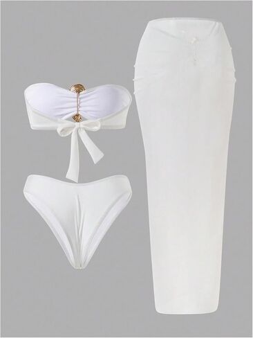 Women's 3 Pieces Bikini Set Tube Tops and Bottoms with Skirts Cover Ups in Saudi Arabia