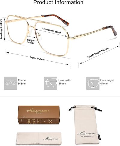 Amomoma Retro Blue Light Aviator Glasses for Women Men ، Metal Exclude Class Computer Reader Frame AM6133 in Kuwait