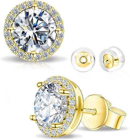 Moissanite Halo Earrings for Women & Men, 1.0-2.0ct, 925 Sterling Silver, 18K White Gold Plated, VVS1 Round Lab-Created Moissanite Stud, Hypoallergenic & Durable, Friction Back Post Earring in Kuwait