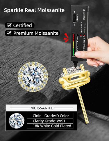 Moissanite Halo Earrings for Women & Men, 1.0-2.0ct, 925 Sterling Silver, 18K White Gold Plated, VVS1 Round Lab-Created Moissanite Stud, Hypoallergenic & Durable, Friction Back Post Earring in Kuwait