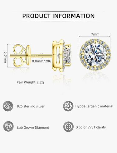 Moissanite Halo Earrings for Women & Men, 1.0-2.0ct, 925 Sterling Silver, 18K White Gold Plated, VVS1 Round Lab-Created Moissanite Stud, Hypoallergenic & Durable, Friction Back Post Earring in Kuwait