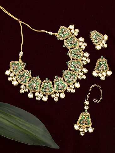 Aheli Fancy Indian Wedding Wear Maroon Enamel Necklace Earrings Set Ethnic Traditional Fashion Jewelry for Women in Saudi Arabia