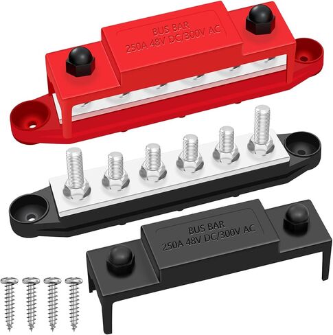 Aienxn Battery Bus Bar 6 x 1/4 "(M6) محطة توزيع الطاقة 12 فولت مع غطاء ومحطات حلقية، بحد أقصى 300 فولت تيار متردد 48 فولت تيار مستمر بطارية إيجابية وسلبية للسيارة والقارب (أسود + أحمر) Q-O-078 in Kuwait