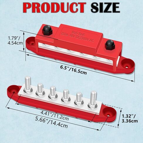Aienxn Battery Bus Bar 6 x 1/4 "(M6) محطة توزيع الطاقة 12 فولت مع غطاء ومحطات حلقية، بحد أقصى 300 فولت تيار متردد 48 فولت تيار مستمر بطارية إيجابية وسلبية للسيارة والقارب (أسود + أحمر) Q-O-078 in Kuwait