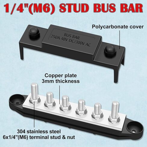 Aienxn Battery Bus Bar 6 x 1/4 "(M6) محطة توزيع الطاقة 12 فولت مع غطاء ومحطات حلقية، بحد أقصى 300 فولت تيار متردد 48 فولت تيار مستمر بطارية إيجابية وسلبية للسيارة والقارب (أسود + أحمر) Q-O-078 in Kuwait