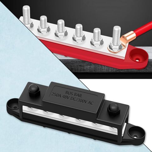 Aienxn Battery Bus Bar 6 x 1/4 "(M6) محطة توزيع الطاقة 12 فولت مع غطاء ومحطات حلقية، بحد أقصى 300 فولت تيار متردد 48 فولت تيار مستمر بطارية إيجابية وسلبية للسيارة والقارب (أسود + أحمر) Q-O-078 in Kuwait