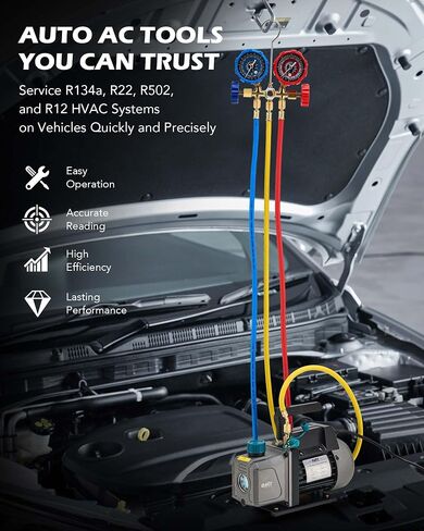 مضخة تفريغ مقاييس التيار المتردد من Orion Motor Tech، مضخة تفريغ تيار متردد 3.5 قدم مكعب ومجموعة قياس لـ R134a R12 R22 R502، مجموعة قياس مشعب التيار المتردد ومضخة تفريغ HVAC مع ثقب وختم ذاتي يمكن الصنابير وصلات سريعة in Saudi Arabia
