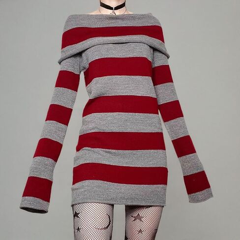 فستان Kimydreama نسائي مثير بأكمام طويلة مخطط فستان قصير مكشوف الأكتاف ورقبة مائلة محبوك ملفوف فستان سترة قصير in Kuwait