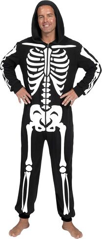 إبداعات Spooktacular أزياء الهيكل العظمي للبالغين للرجال بذلة الهيكل العظمي بيجامة بسحاب وقلنسوة بذلة نوم الهالوين in Saudi Arabia
