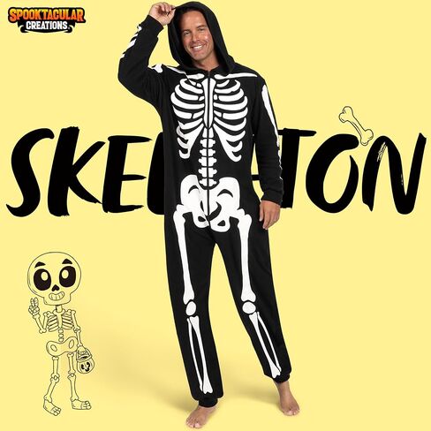إبداعات Spooktacular أزياء الهيكل العظمي للبالغين للرجال بذلة الهيكل العظمي بيجامة بسحاب وقلنسوة بذلة نوم الهالوين in Saudi Arabia