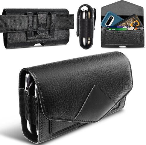 Dual Phone Leather Case with Loop - Secure Horizontal Phone Belt Holder and RFID Blocking Wallet - Sleek Black - Compatible with iPhone 14/13/12/11/14Pro/13Pro/12Pro, Samsung, Motorola in Kuwait